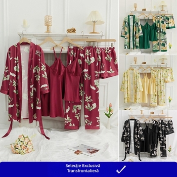 Set de pijamale din mătase satinată, format din cinci piese, pijamale europene și americane transfrontaliere cu imprimeu floral, haine elegante de casă pentru femei de toamnă