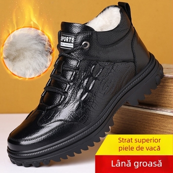 Cizme de zăpadă din lână de vacă, strat unic, pentru bărbați, pantofi de iarnă din piele naturală, căptușiți cu fleece, din piele caldă, cu vârf înalt, pantofi din bumbac integrati din blană