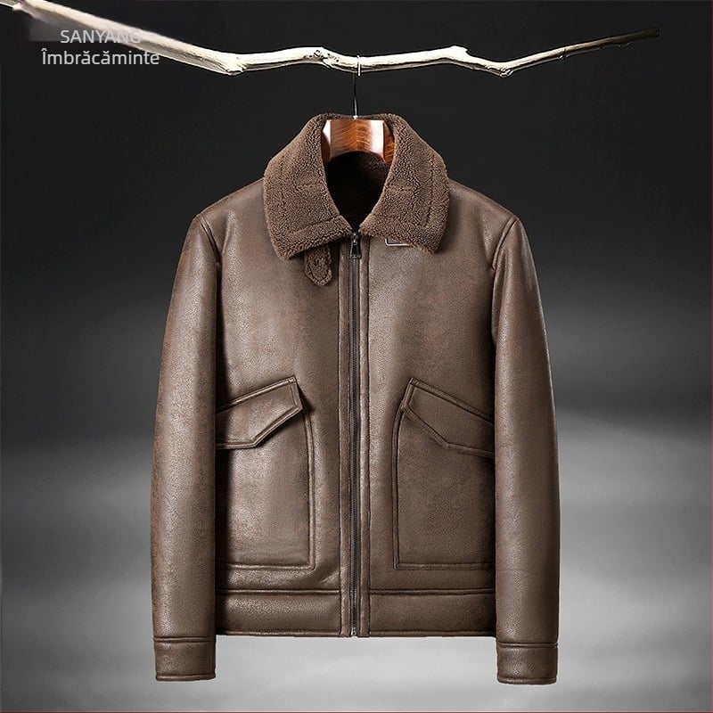 Jachetă de iarnă din blană de căprioară, cu căptușeală din fleece integrată, din piele îngroșată, jachetă de piele pentru bărbați, jachetă de piele pentru motocicletă, en-gros