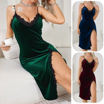 Pijamale sexy cu V adânc pentru femei, cămașă de noapte lungă, din catifea, dantelă, fără spate, pentru comerț exterior transfrontalier european și american, 341