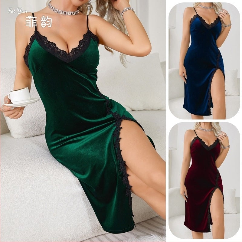 Pijamale sexy cu V adânc pentru femei, cămașă de noapte lungă, din catifea, dantelă, fără spate, pentru comerț exterior transfrontalier european și american, 341