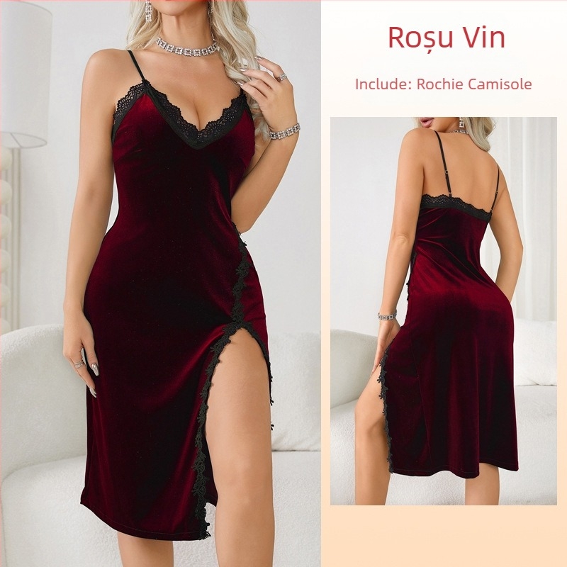 Pijamale sexy cu V adânc pentru femei, cămașă de noapte lungă, din catifea, dantelă, fără spate, pentru comerț exterior transfrontalier european și american, 341