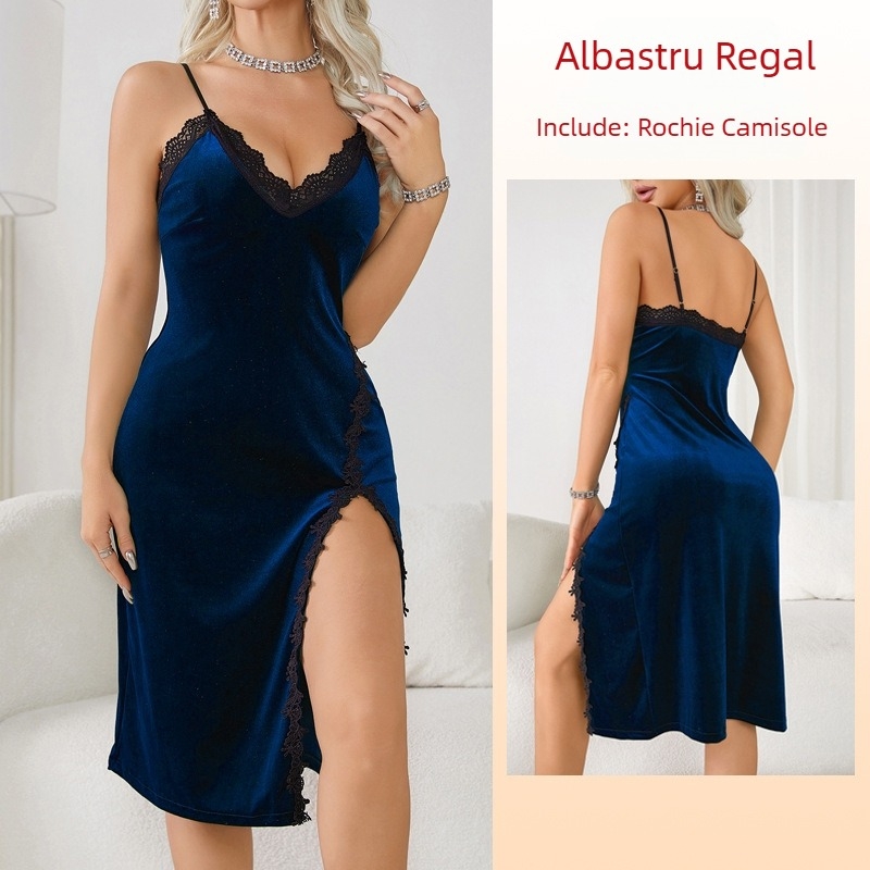 Pijamale sexy cu V adânc pentru femei, cămașă de noapte lungă, din catifea, dantelă, fără spate, pentru comerț exterior transfrontalier european și american, 341