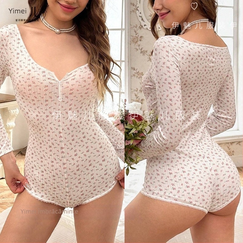 Salopă de damă Pure Desire Girly, stil sexy, cu decolteu în V, cu imprimeu floral, strâmtă, vara 2025, design european și american cu margine din dantelă, dulce