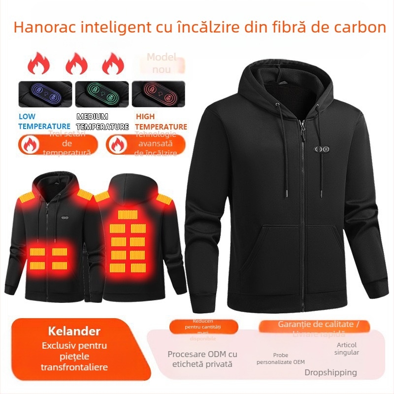 Hanorac termic încălzit electric transfrontalier nou 2025 hanorac cu glugă cu fermoar pentru bărbați, hanorac sport casual subțire pentru bărbați