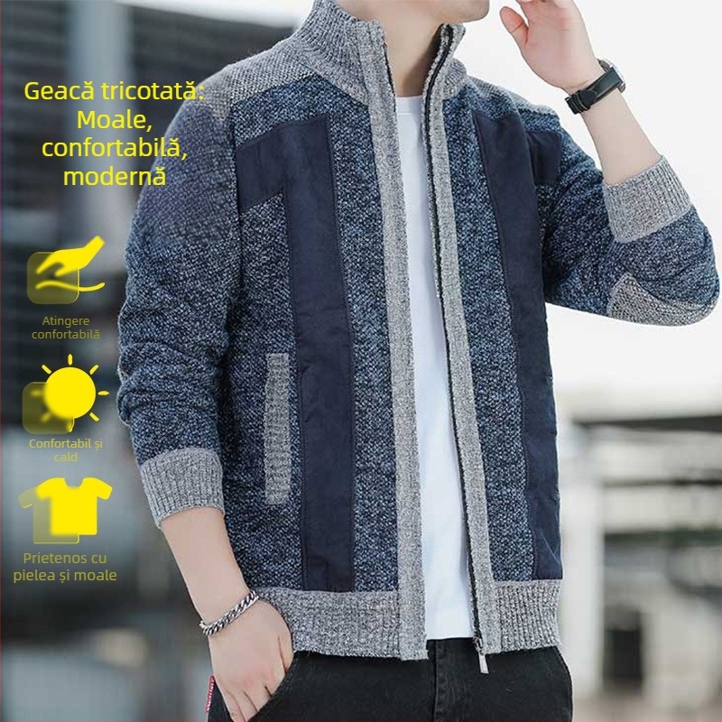 Iarnă nou bărbați guler înalt fermoar Cardigan pulover la modă bărbați îmbrăcăminte fleece-căptușită îngroșată tricotaje jachetă pentru bărbați