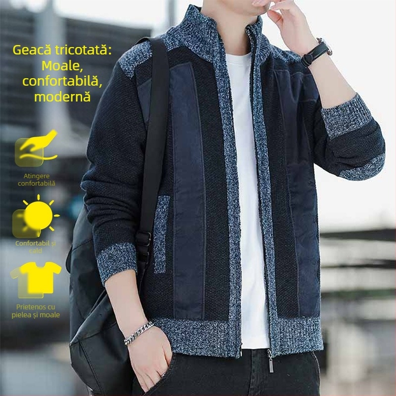 Iarnă nou bărbați guler înalt fermoar Cardigan pulover la modă bărbați îmbrăcăminte fleece-căptușită îngroșată tricotaje jachetă pentru bărbați