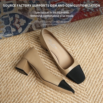 3337-2 Pantofi cu toc mediu și bloc de culoare cu vârf pătrat pentru femei 2023 Pantofi cu toc gros și gura franceză nouă Pantofi simpli pentru navetiști