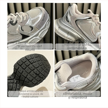 Torre Shoes Pantofi sport pentru femei, primăvara 2025, cu talpă groasă și cap rotund, din plasă, casual, argintii, la modă
