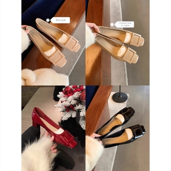 Pantofi cu toc înalt, stil Chanel, cu cataramă pătrată clasică, culoare nud, toc gros, vârf pătrat, temperament elegant, pentru femei, primăvară