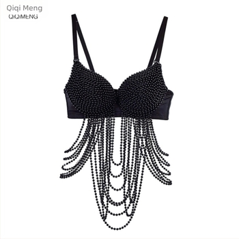 Sutien transfrontalier european și american pentru club de noapte, festival de muzică, sexy, cu perle și ciucuri, cu os de pește, la modă, dulce și picant, stil rock, pentru unghii, cu mărgele