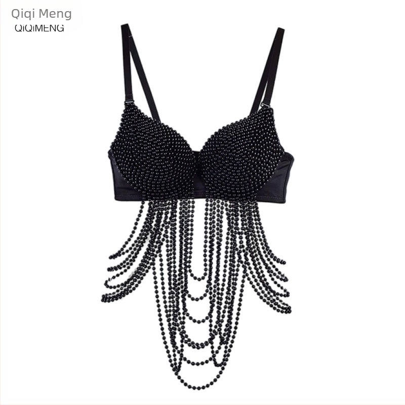 Sutien transfrontalier european și american pentru club de noapte, festival de muzică, sexy, cu perle și ciucuri, cu os de pește, la modă, dulce și picant, stil rock, pentru unghii, cu mărgele