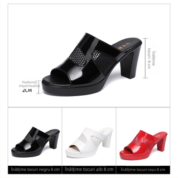 Papuci de damă cu toc mediu și plasă, vara 2025, sandale impermeabile cu platformă și gură de pește, din piele lăcuită, mărime mare 43, papuci de damă pentru exterior