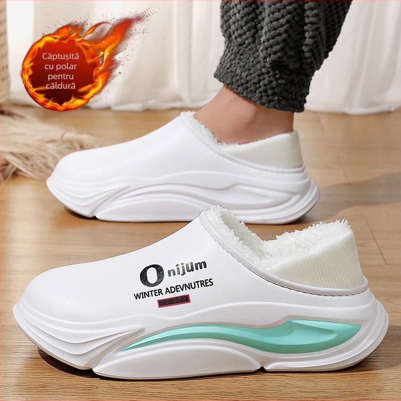 Pantofi de iarnă din bumbac pentru cupluri, stil nou, exterior, purtând pantofi caldi cu talpă groasă pentru bărbați, căptușiți cu fleece, rezistenți la frig, cu toc, din bumbac, papuci pentru femei