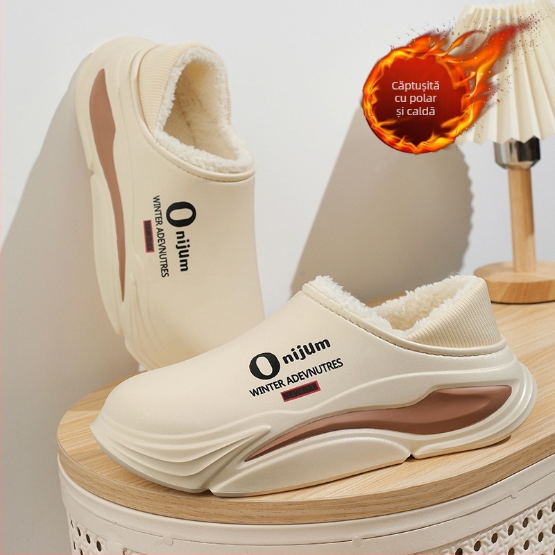 Pantofi de iarnă din bumbac pentru cupluri, stil nou, exterior, purtând pantofi caldi cu talpă groasă pentru bărbați, căptușiți cu fleece, rezistenți la frig, cu toc, din bumbac, papuci pentru femei