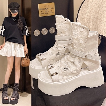 Sandale pentru femei 2025 Sandale noi cu talpă înaltă și cataramă cu curea, cu vârful deschis, stil zână cu fustă din denim, cizme scurte