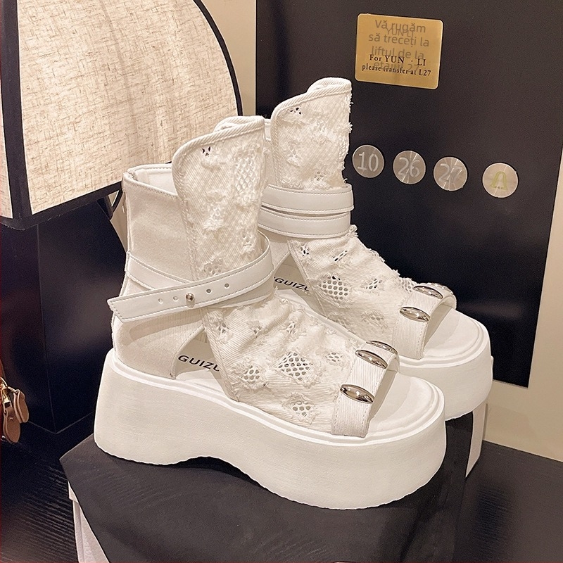 Sandale pentru femei 2025 Sandale noi cu talpă înaltă și cataramă cu curea, cu vârful deschis, stil zână cu fustă din denim, cizme scurte