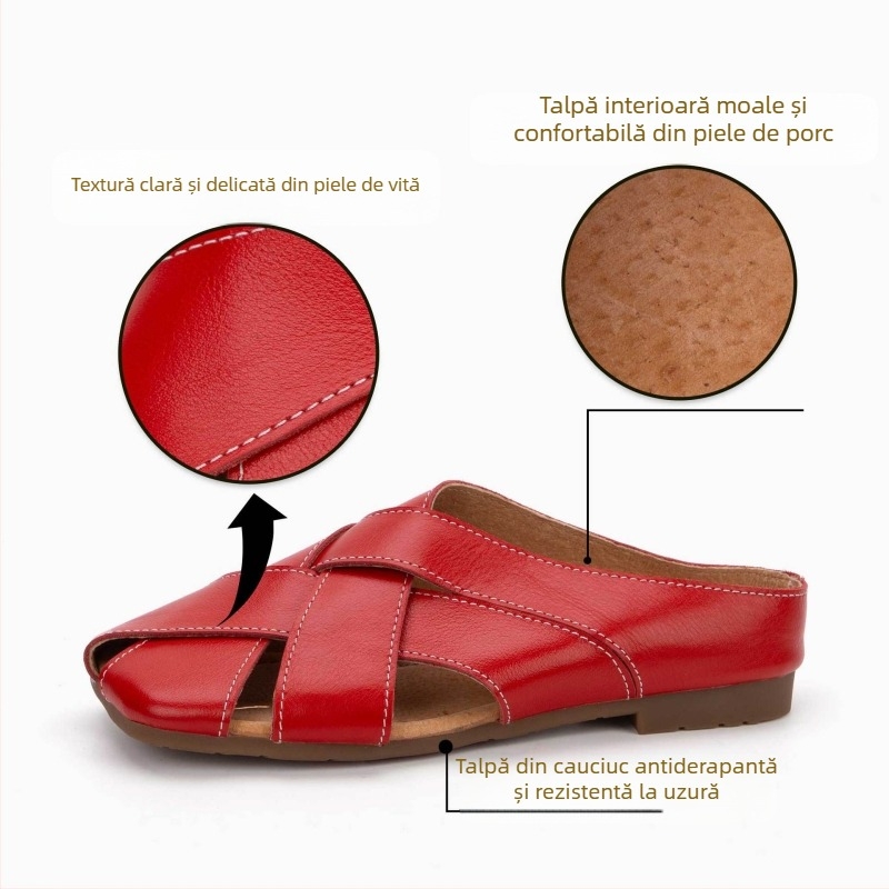 Papuci retro țesute cu vârful în jos pentru femei, sandale din piele naturală lucrate manual pentru vară, papuci de vacă cu cusături superioare din piele de vacă, cu primul strat