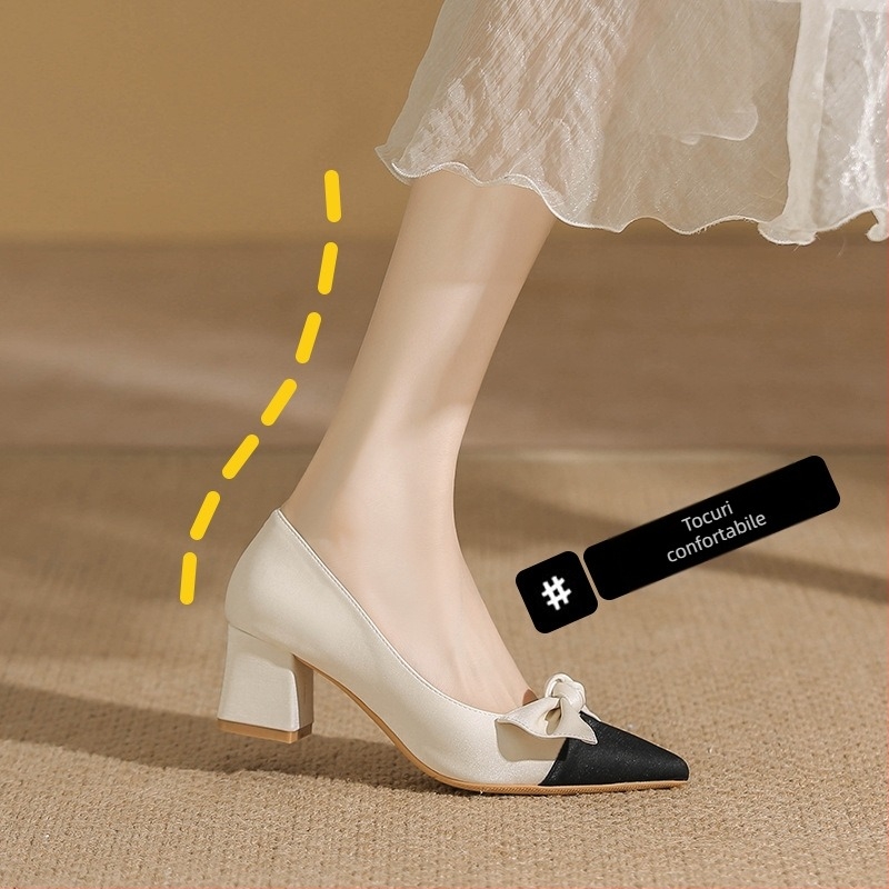 Pantofi de seară francezi cu vârful ascuțit, toc gros și platforma, pantofi cu un singur strat, stil Chanel, eleganti, cu toc înalt și fundă, asortați