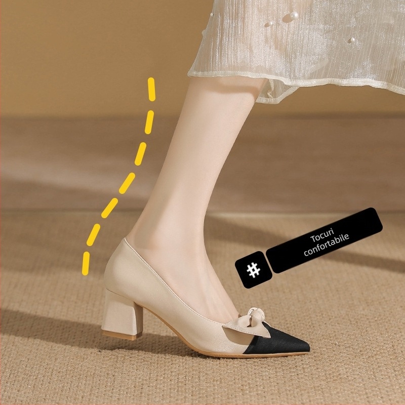 Pantofi de seară francezi cu vârful ascuțit, toc gros și platforma, pantofi cu un singur strat, stil Chanel, eleganti, cu toc înalt și fundă, asortați