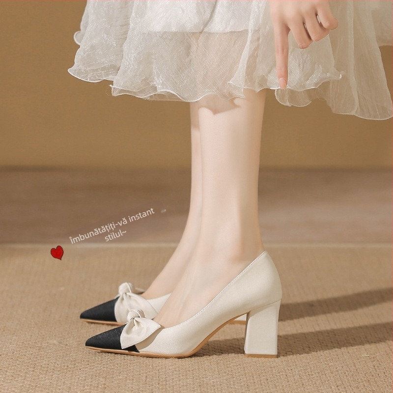 Pantofi de seară francezi cu vârful ascuțit, toc gros și platforma, pantofi cu un singur strat, stil Chanel, eleganti, cu toc înalt și fundă, asortați