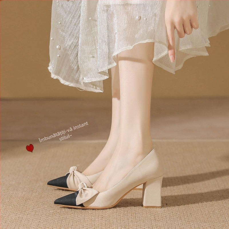 Pantofi de seară francezi cu vârful ascuțit, toc gros și platforma, pantofi cu un singur strat, stil Chanel, eleganti, cu toc înalt și fundă, asortați