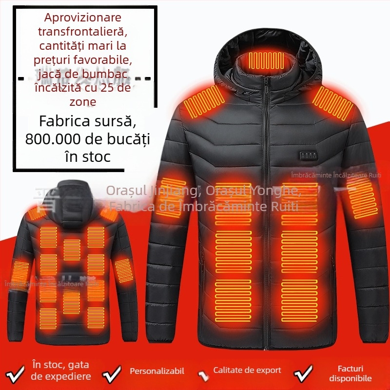 Palton de bumbac cu încălzire în patru zone, cu 25 de zone, nou, cu încălzire pe suprafețe mari, îmbrăcăminte europeană și americană transfrontalieră, popular, cu încălzire, en-gros