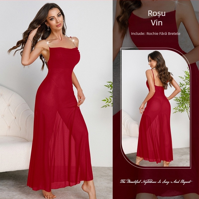 Cămașă de noapte sexy din plasă cu guler lejer, Muffy Cross-Border Amazon, cu lanț metalic și bretele, fustă lungă, disponibilă în mai multe culori 879