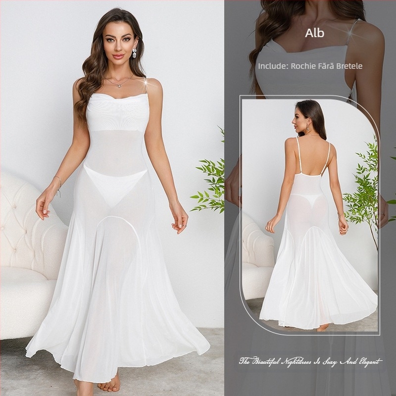 Cămașă de noapte sexy din plasă cu guler lejer, Muffy Cross-Border Amazon, cu lanț metalic și bretele, fustă lungă, disponibilă în mai multe culori 879