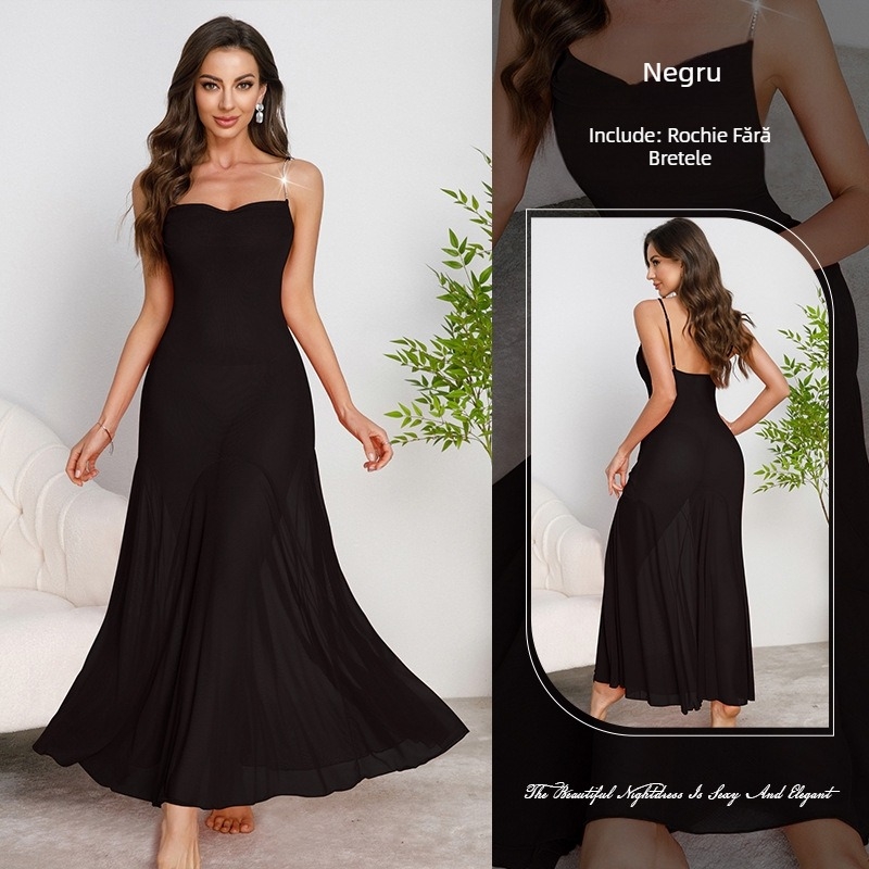 Cămașă de noapte sexy din plasă cu guler lejer, Muffy Cross-Border Amazon, cu lanț metalic și bretele, fustă lungă, disponibilă în mai multe culori 879
