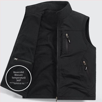 Vestă dublă îngroșată, vestă polară din fleece, cu buzunar, căptușită cu fleece, pentru exterior, plus mărime, vestă fără mâneci
