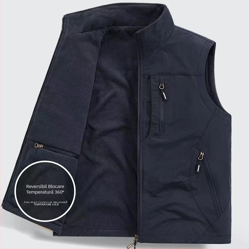 Vestă dublă îngroșată, vestă polară din fleece, cu buzunar, căptușită cu fleece, pentru exterior, plus mărime, vestă fără mâneci