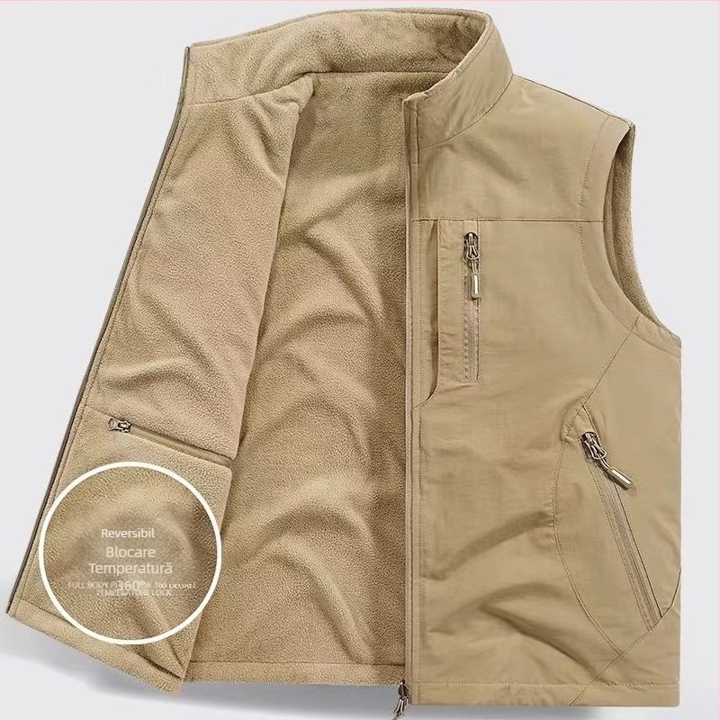 Vestă dublă îngroșată, vestă polară din fleece, cu buzunar, căptușită cu fleece, pentru exterior, plus mărime, vestă fără mâneci