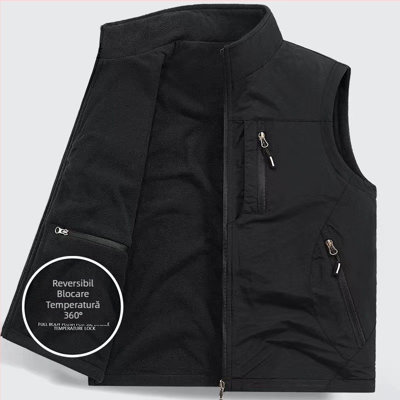 Vestă dublă îngroșată, vestă polară din fleece, cu buzunar, căptușită cu fleece, pentru exterior, plus mărime, vestă fără mâneci