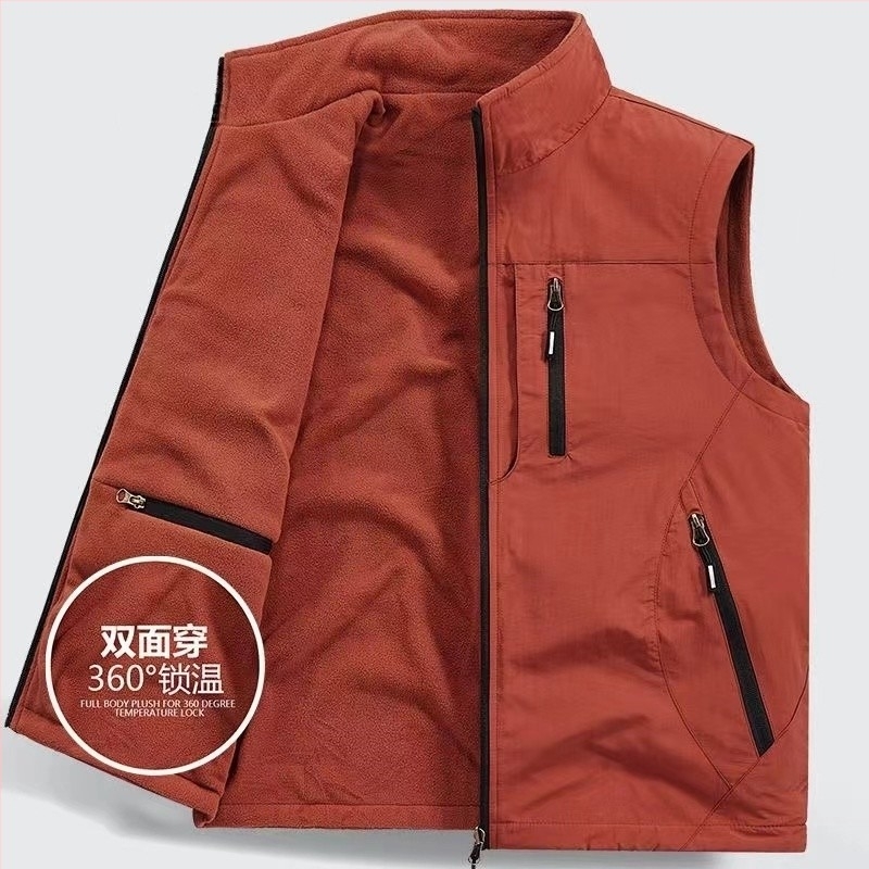 Vestă dublă îngroșată, vestă polară din fleece, cu buzunar, căptușită cu fleece, pentru exterior, plus mărime, vestă fără mâneci