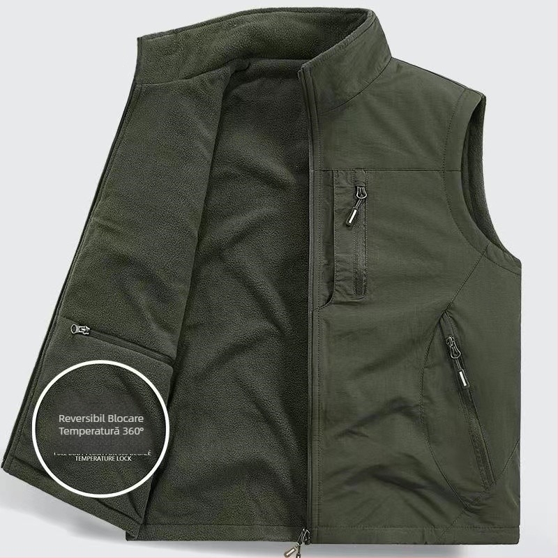 Vestă dublă îngroșată, vestă polară din fleece, cu buzunar, căptușită cu fleece, pentru exterior, plus mărime, vestă fără mâneci