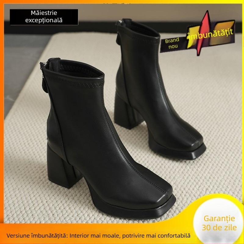 Jin Bukang, cizme mici cu gleznă, stil francez, cizme subțiri și elastice, toc gros, impermeabile, cu platformă, cizme simple, cizme Martin, cizme pentru femei, fustă asortată
