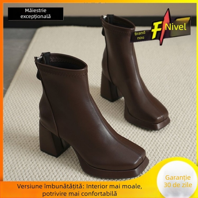 Jin Bukang, cizme mici cu gleznă, stil francez, cizme subțiri și elastice, toc gros, impermeabile, cu platformă, cizme simple, cizme Martin, cizme pentru femei, fustă asortată