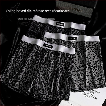 Pantaloni scurți de vară populari de mătase gheață cu săgeată pentru bărbați, imprimare leopardă, cool, respirabil, acasă, casual, vrac, boxeri