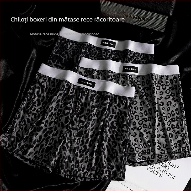 Pantaloni scurți de vară populari de mătase gheață cu săgeată pentru bărbați, imprimare leopardă, cool, respirabil, acasă, casual, vrac, boxeri