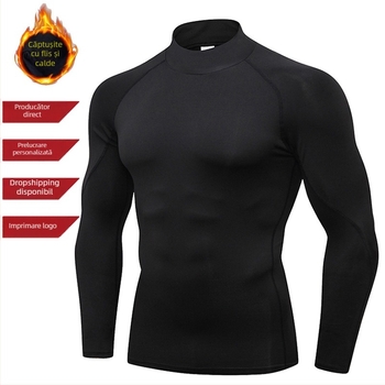 Bărbați sport de toamnă și de iarnă Bodysuit guler înalt cu mânecă lungă din catifea caldă elastică cu uscare rapidă Fitness Running Base compresie îmbrăcăminte