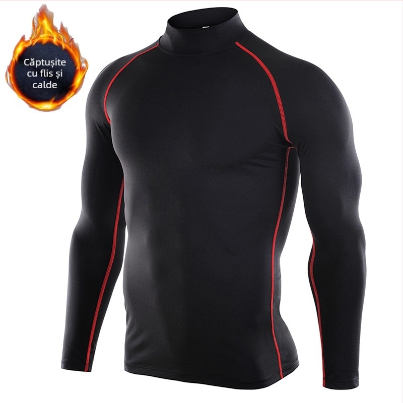 Bărbați sport de toamnă și de iarnă Bodysuit guler înalt cu mânecă lungă din catifea caldă elastică cu uscare rapidă Fitness Running Base compresie îmbrăcăminte