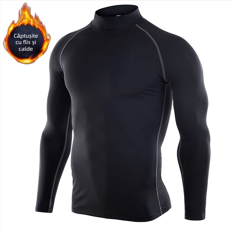 Bărbați sport de toamnă și de iarnă Bodysuit guler înalt cu mânecă lungă din catifea caldă elastică cu uscare rapidă Fitness Running Base compresie îmbrăcăminte