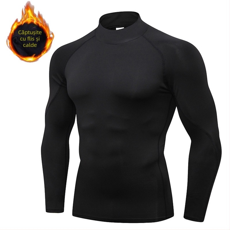 Bărbați sport de toamnă și de iarnă Bodysuit guler înalt cu mânecă lungă din catifea caldă elastică cu uscare rapidă Fitness Running Base compresie îmbrăcăminte
