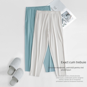 Set de pijamale pentru bărbați din bumbac modal, culoare solidă, pantaloni subțiri cu mânecă scurtă, pot ieși în pantaloni cu buzunare cu clapă, haine de casă în stoc