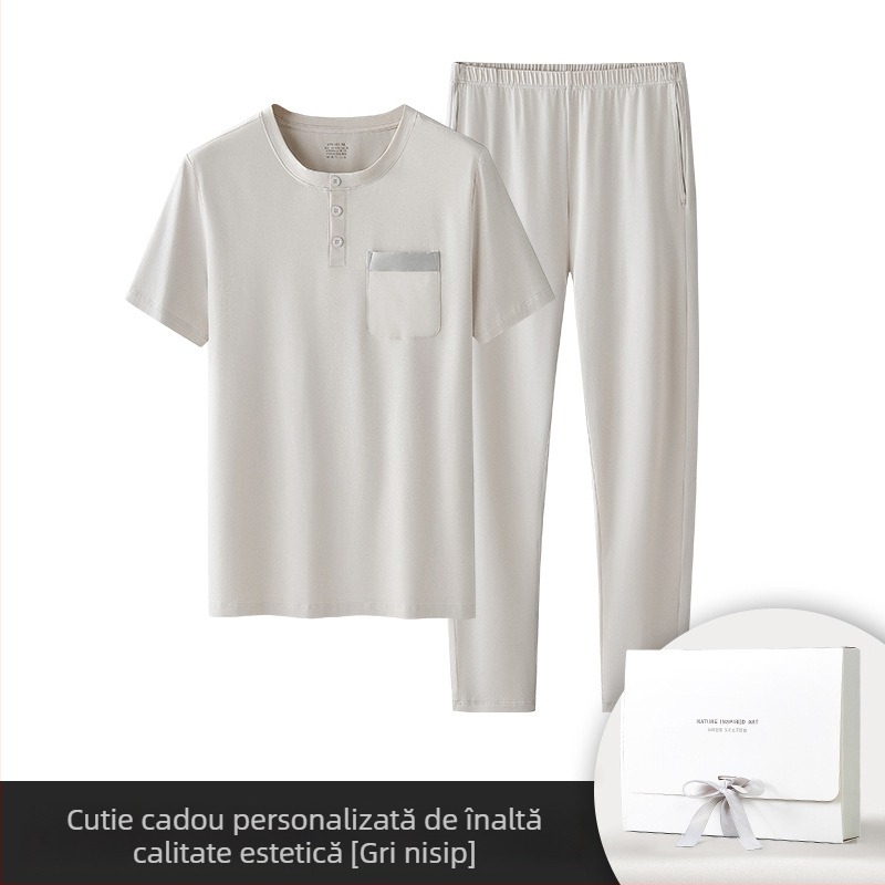 Set de pijamale pentru bărbați din bumbac modal, culoare solidă, pantaloni subțiri cu mânecă scurtă, pot ieși în pantaloni cu buzunare cu clapă, haine de casă în stoc