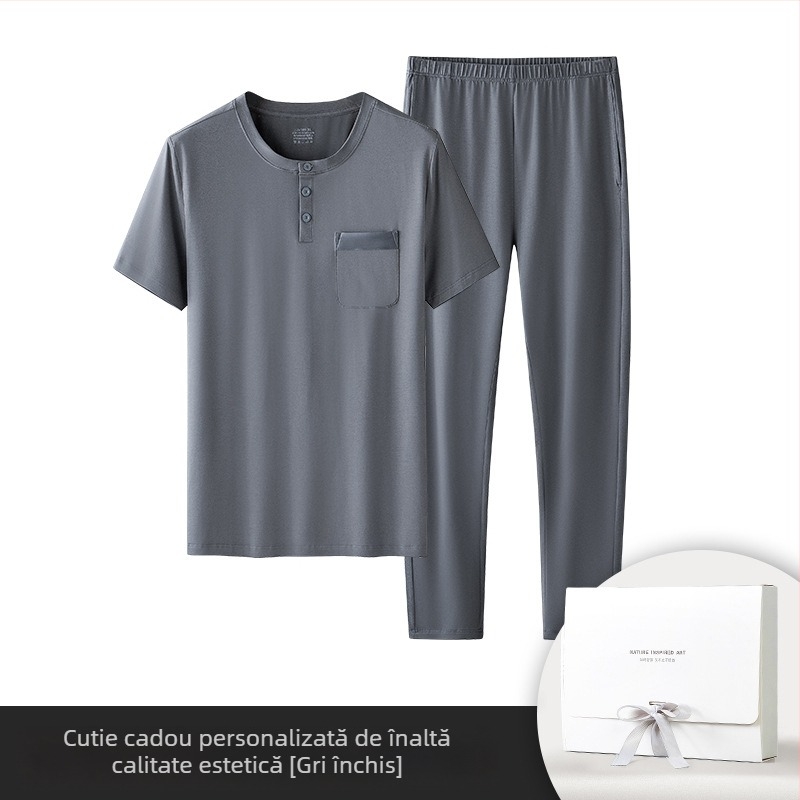 Set de pijamale pentru bărbați din bumbac modal, culoare solidă, pantaloni subțiri cu mânecă scurtă, pot ieși în pantaloni cu buzunare cu clapă, haine de casă în stoc