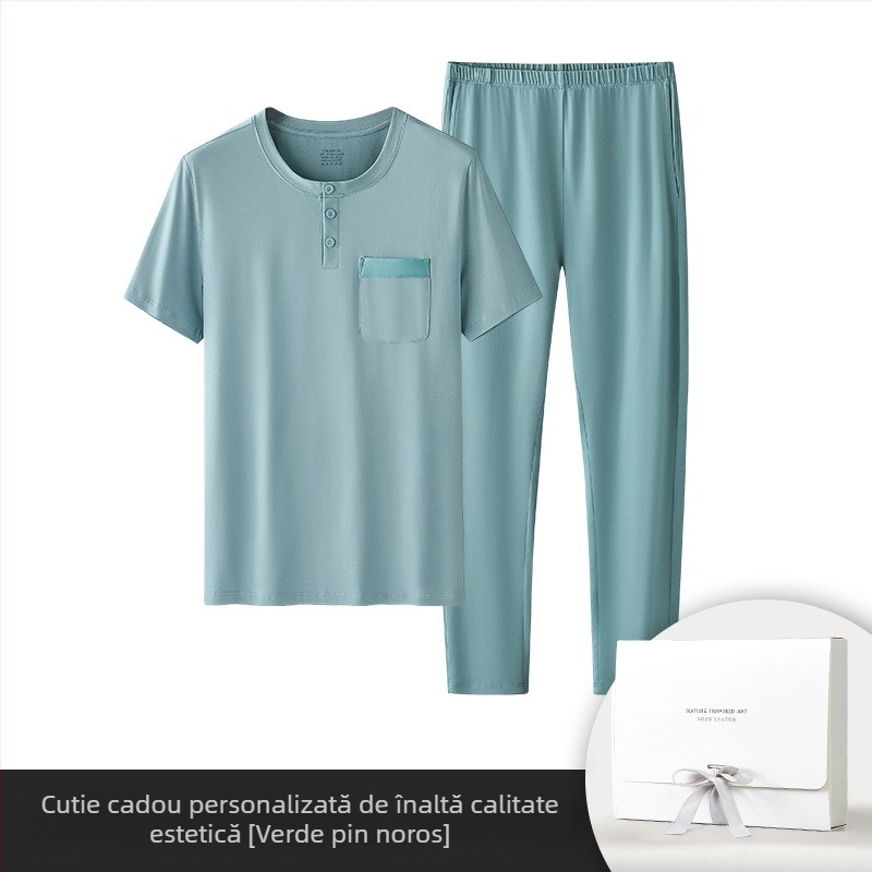 Set de pijamale pentru bărbați din bumbac modal, culoare solidă, pantaloni subțiri cu mânecă scurtă, pot ieși în pantaloni cu buzunare cu clapă, haine de casă în stoc