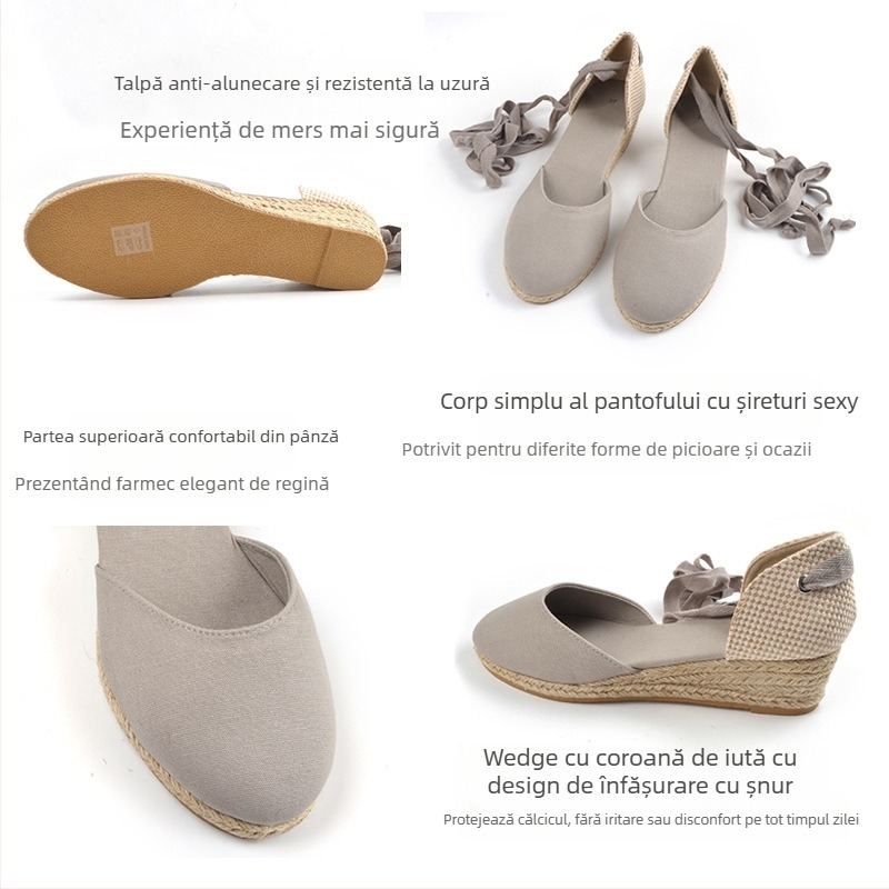 Pantofi cu toc plat din paie pentru femei, vară, cu dantelă, sandale confortabile franceze, cu toc înalt, pentru comerț exterior transfrontalier, 2024