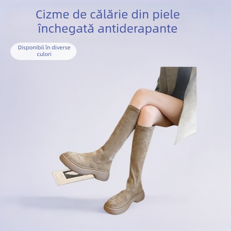 2024 Toamna și iarna Noutate Cizme lungi Cizme franceze cu talpă groasă Nude Skinny Cizme din piele întoarsă Cizme lungi elastice Cizme de cavaler